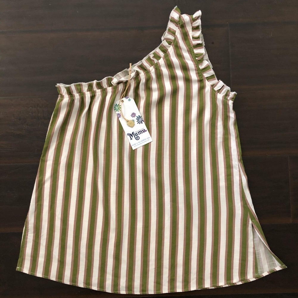 Show Me Your Mumu Ulani One Shoulder Ruffle Top Olive Stripe NWT Size S - Picture 9 of 15